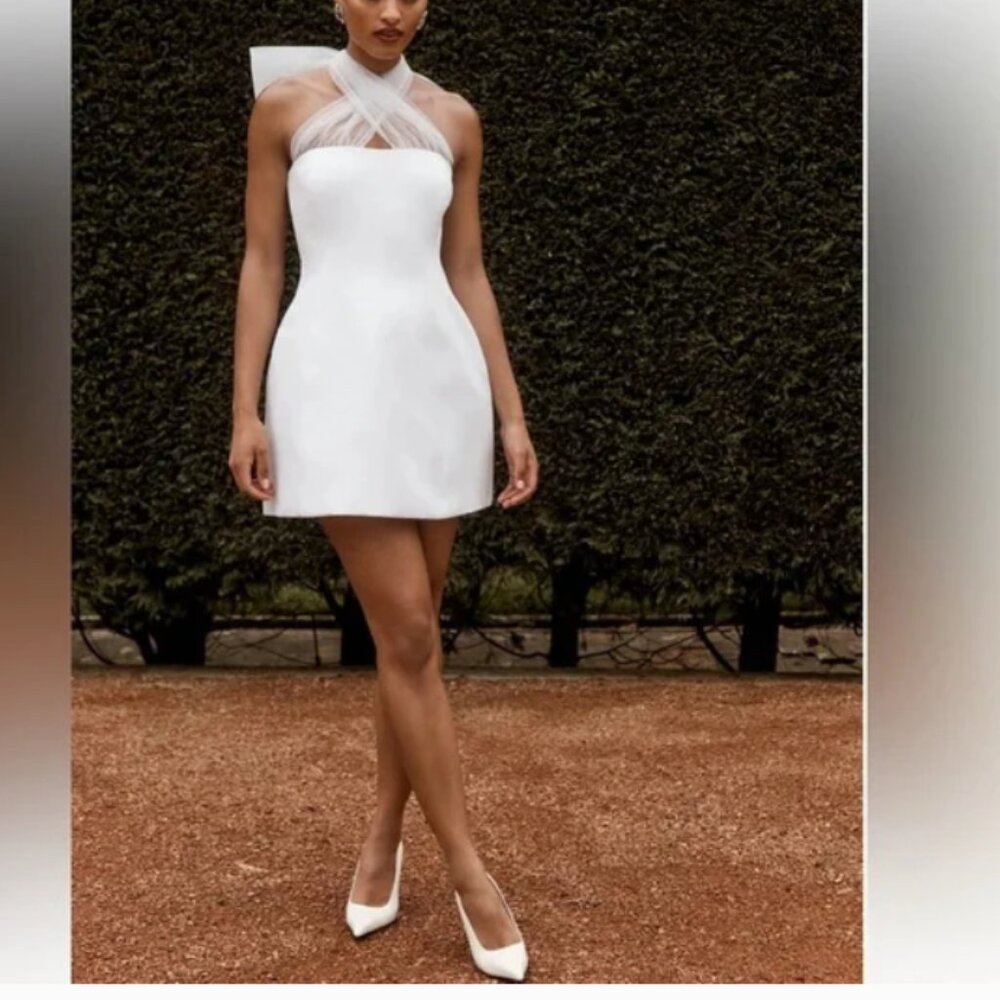 Maryam Tulle Bow Mini Dress - White Bridal Dress